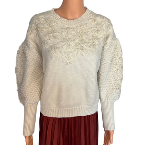 Chicwish Sweater Cream Thick Knit Floral Embroidery Women's S/M Oversized